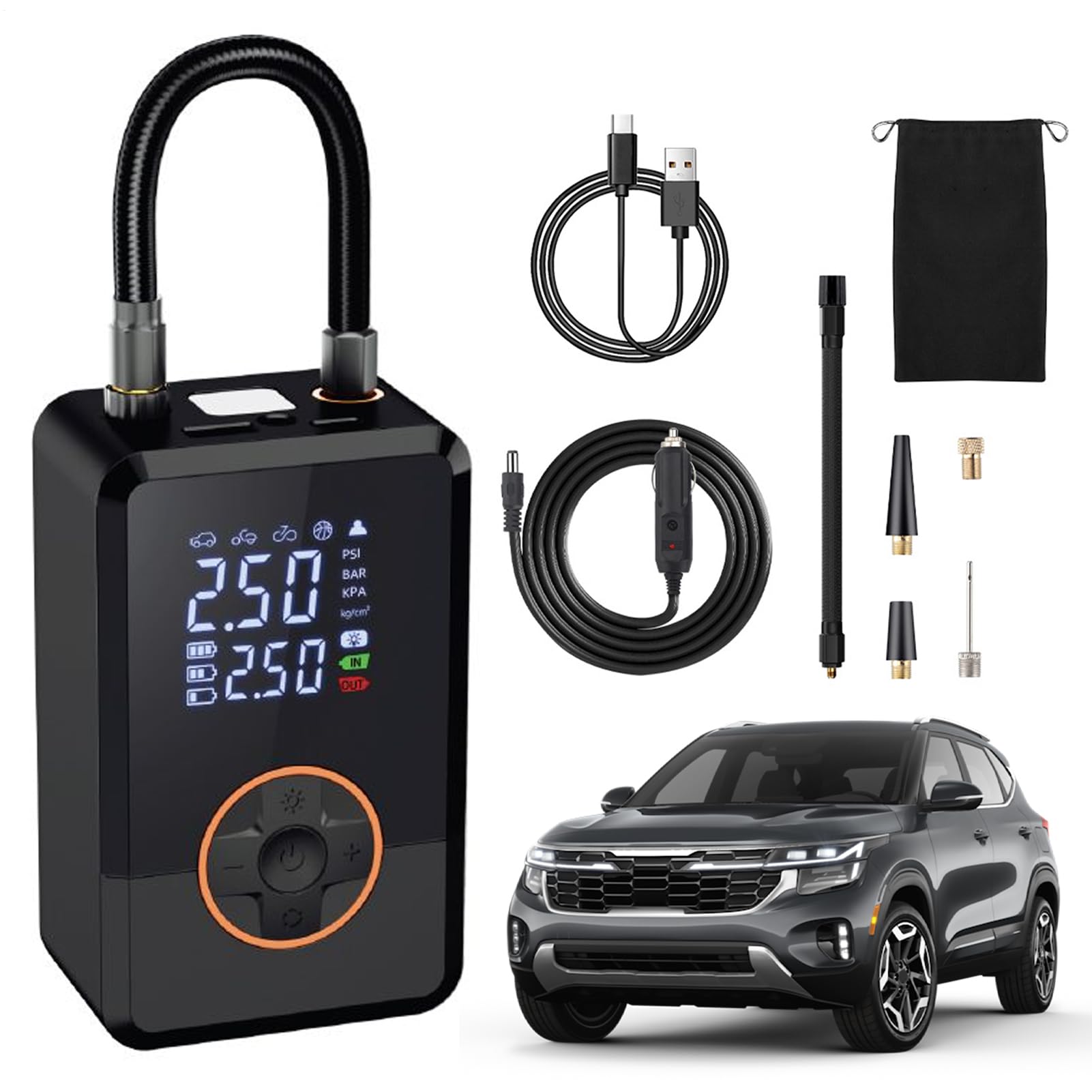 Gonfiapneumatici Portatile Strumento di Gonfiaggio Rapido da 9 Bar | Pompa Aria Portatile per Auto Bicicletta Moto Pallone Da Basket Suv Berlina Camion Principianti Professionisti