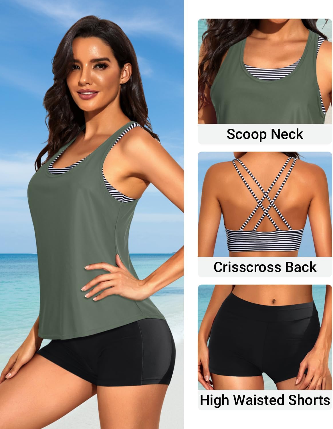Tempt Me 3 Piece Tankini Swimsuits for Women Athletic Bathing Suits Swim Tank Top with Boy Shorts and Bra Modest Swimwear