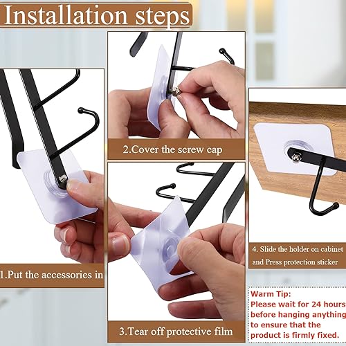 Miniatura 6 de Plzrme 6 ganchos para tazas debajo del gabinete, soporte adhesivo para tazas de café sin taladrar, colgador para tazas debajo del estante, soporte