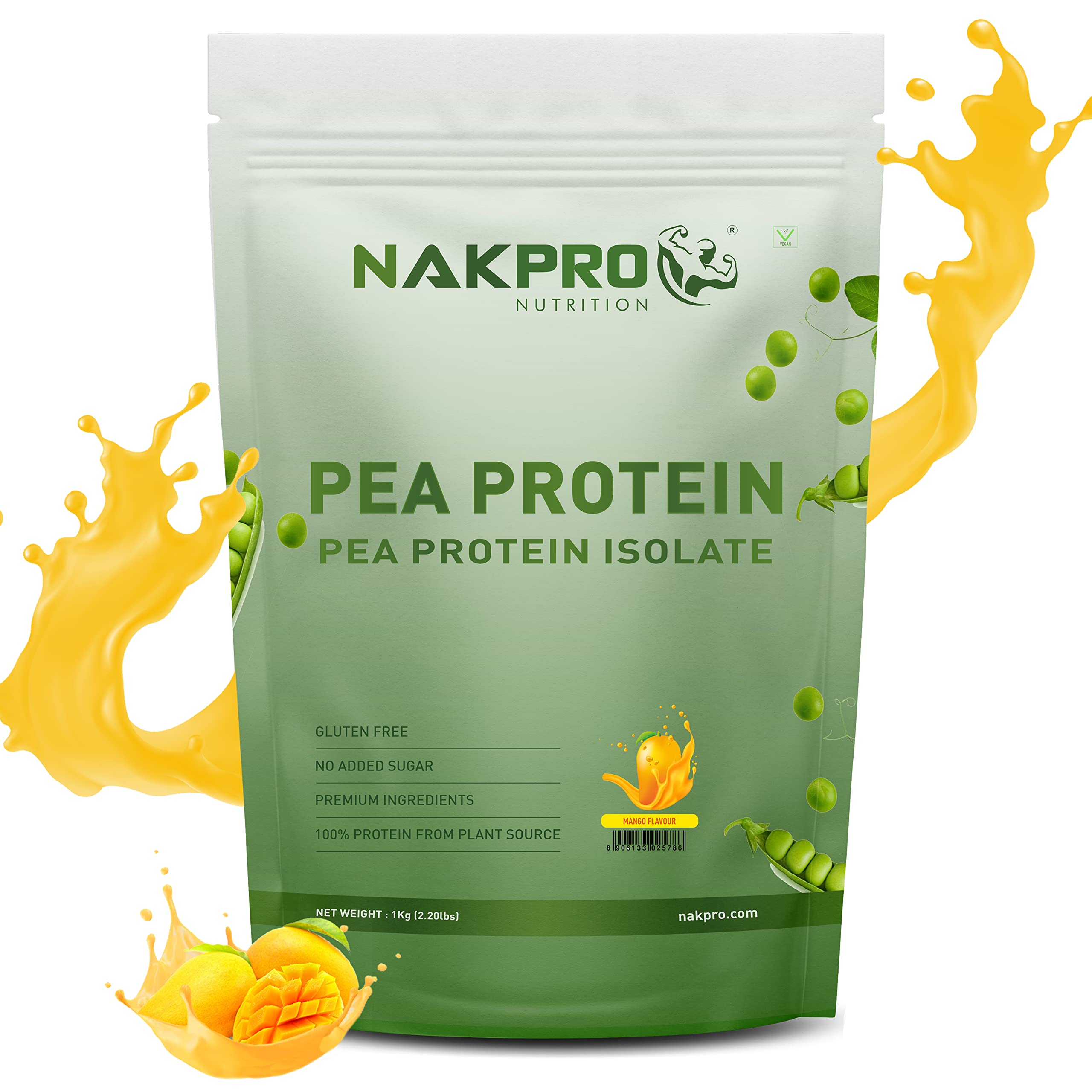 NAKPRO 100% Pea Protein Isolate, Mango - 1kg | 26g Protein, 4.9g BCAA | Natural Vegan Plant Protein Powder | Easy To Digest | All Essential Amino Acids for Muscle Gain and Recovery