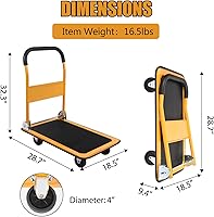Vista 4 de LEADALLWAY Foldable Push Cart Platform Cart 330lbs Capacity 4 Wheels 28.7x18.5x32.3inches Yellow Small Flatbed Cart Yellow 330lbs