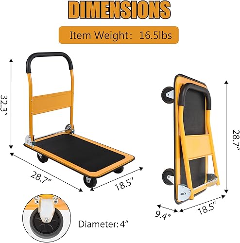 Miniatura 4 de LEADALLWAY Carro plegable con plataforma para empujar, capacidad de 330 libras, 4 ruedas, 28.7 x 18.5 x 32.3 pulgadas, amarillo, pequeño carrito de