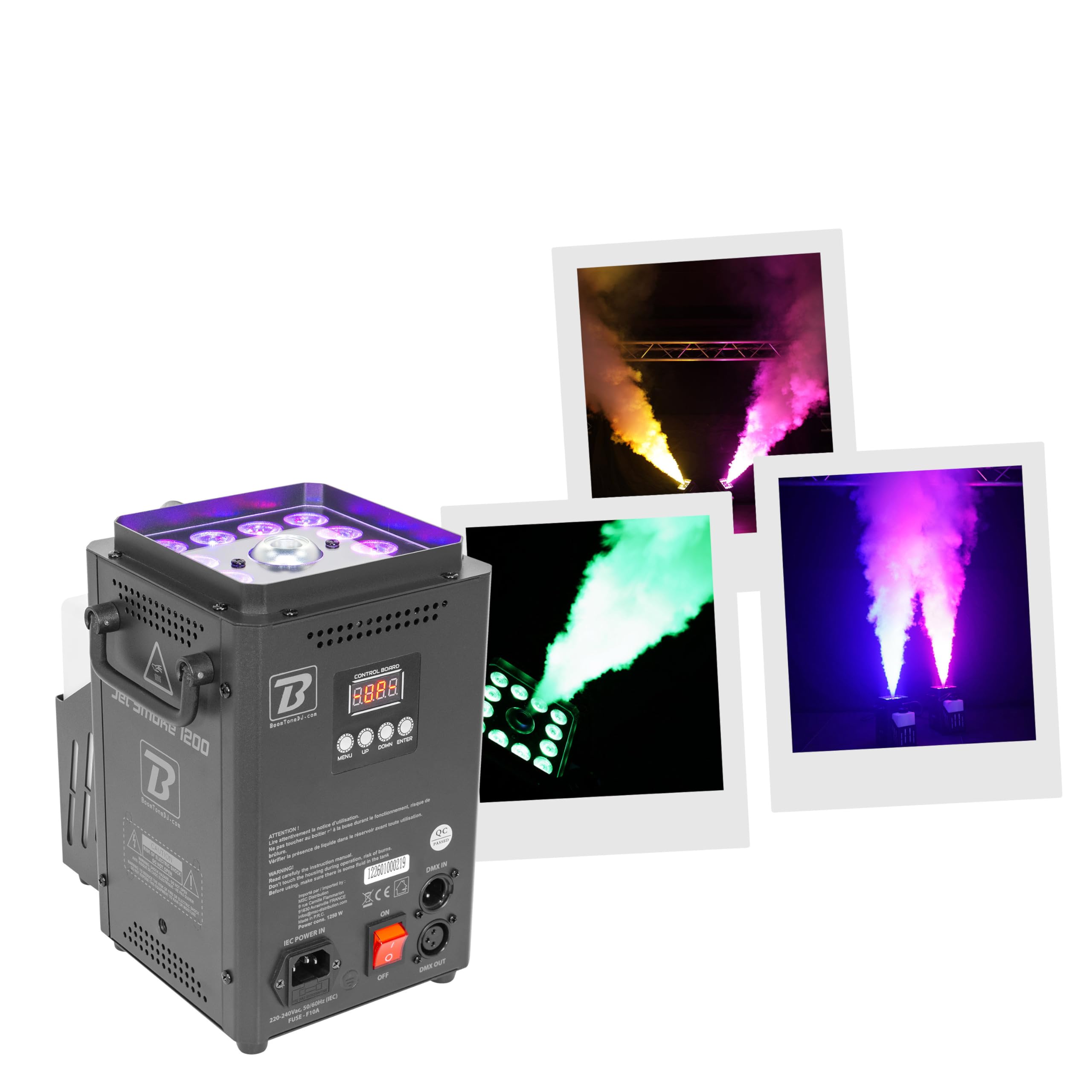 BoomTone DJ Jet Smoke 1200 – Vertikal-Nebelmaschine 1200W mit LED RGBA – Strahl 5,5 m, Tank 1,2 l, Vorwärmung 4 min – Fernbedienung oder DMX 8 Kanäle – Ideal für den Innenbereich (IP20)
