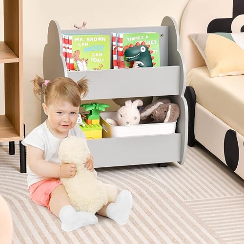 Miniatura 2 de INFANS Estantería para niños con ruedas, estantería de madera, organizador de almacenamiento de juguetes, soporte de exhibición para niños pequeños,