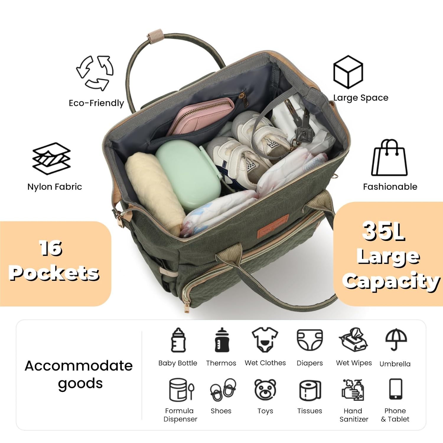 Diaper Bag Backpack with Changing Pad, Pacifier Case, Baby Bag for Boy Girl Toddler - Large, Stylish, Waterproof Travel Quilted Diaper Bag for Mom - Baby Shower - Army Green - Image 2