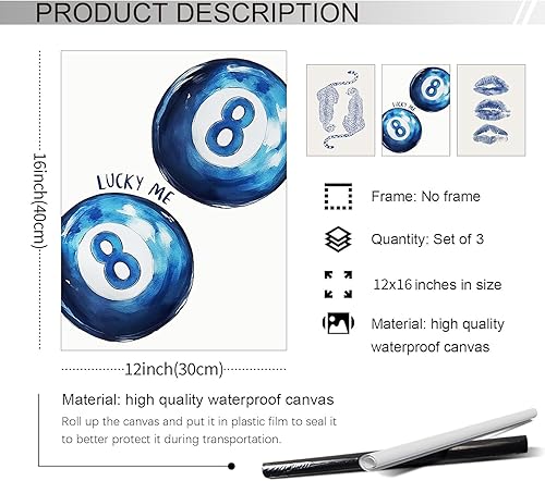 Miniatura 2 de Arte de pared de guepardo de moda retro de 8 bolas, impresiones azules, labios de beso azul marino, juego de 3 coquetas, decoración de habitación,