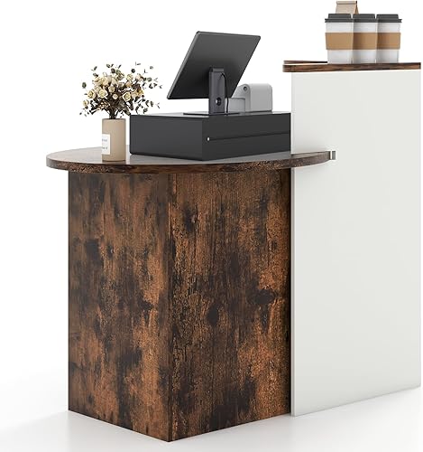 Miniatura 9 de Giantex Escritorio de recepción, mostrador delantero con cajón con cerradura, mesa de pago con mesa redonda, estante de esquina y estante ajustable