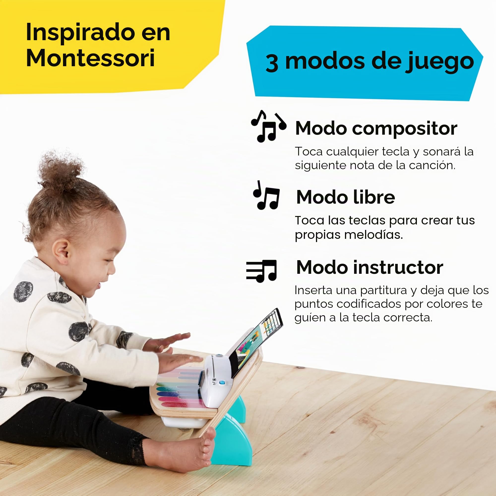 Baby Einstein, Hape, Piano Magic Touch, Juguete Musical de Madera, Incluye 3 partituras y 6 Canciones, Volumen Ajustable, a Partir de 6 Meses, Be Piano, 1 Unidad (Paquete de 1)