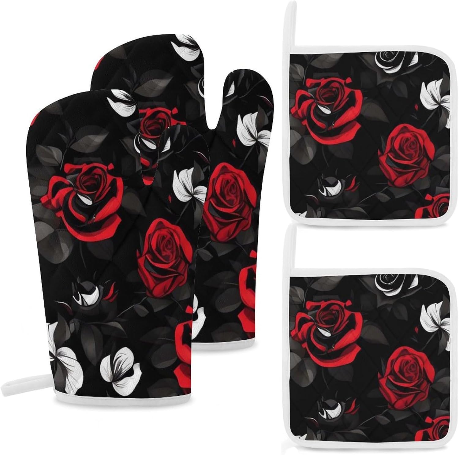 Oven Mitts Pot Holders Kitchen Black White and Red Roses Heat Resistant Oven Glove for Baking and Cooking
