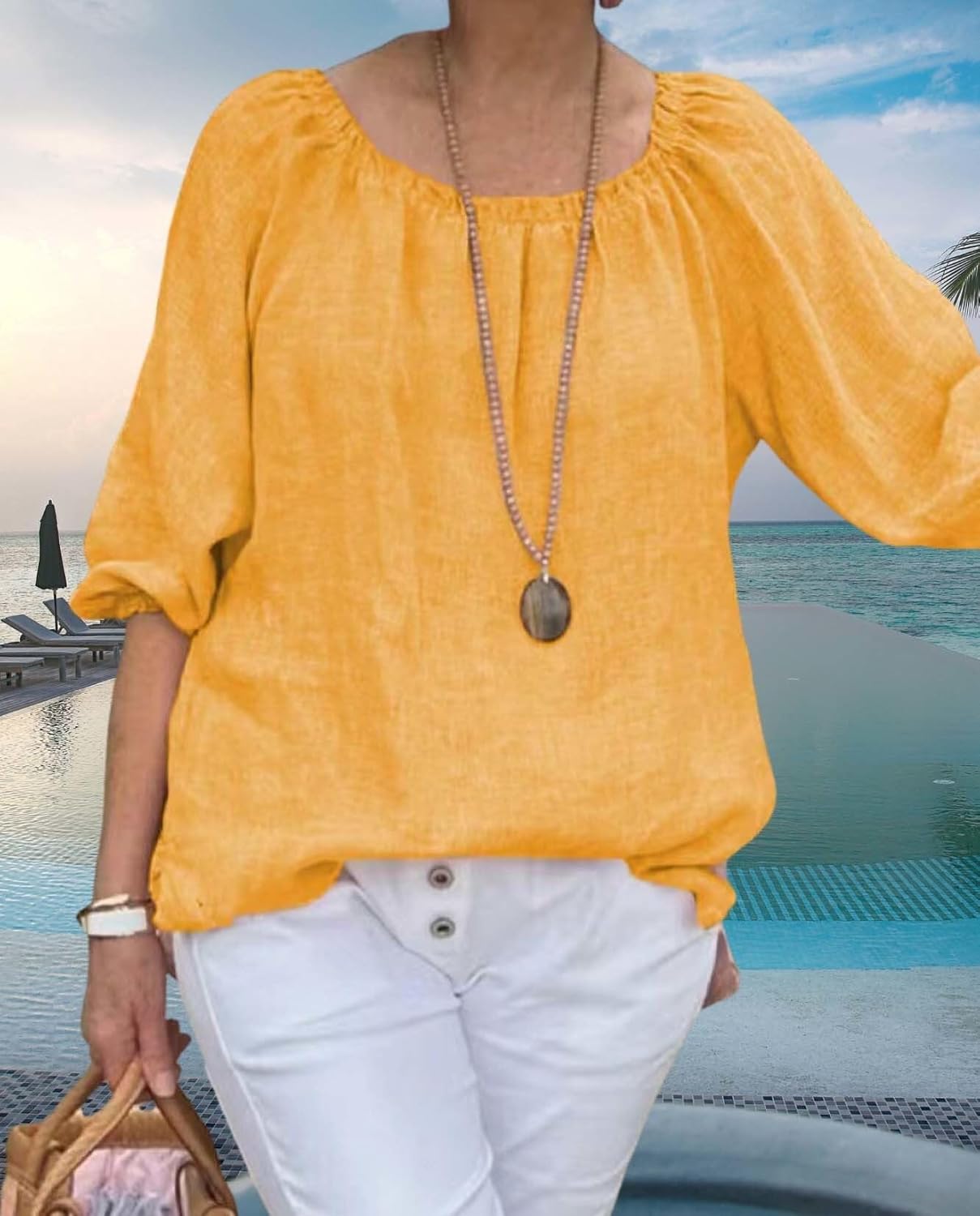 Summer Casual Womens Linen Shirt Round Neck Half Sleeve Linen Loose Pleated Tops Fashion Blouse T Shirt - Image 3