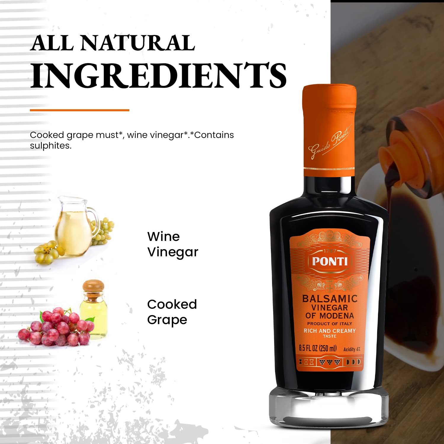 Ponti Rich & Creamy Balsamic Vinegar of Modena - Made for Rich Density and Lingering Flavor - Delizioso Paired with Greens, Fruitsalads, and Vanilla Ice cream - Delight with Cocktails - 8.5Fl.Oz