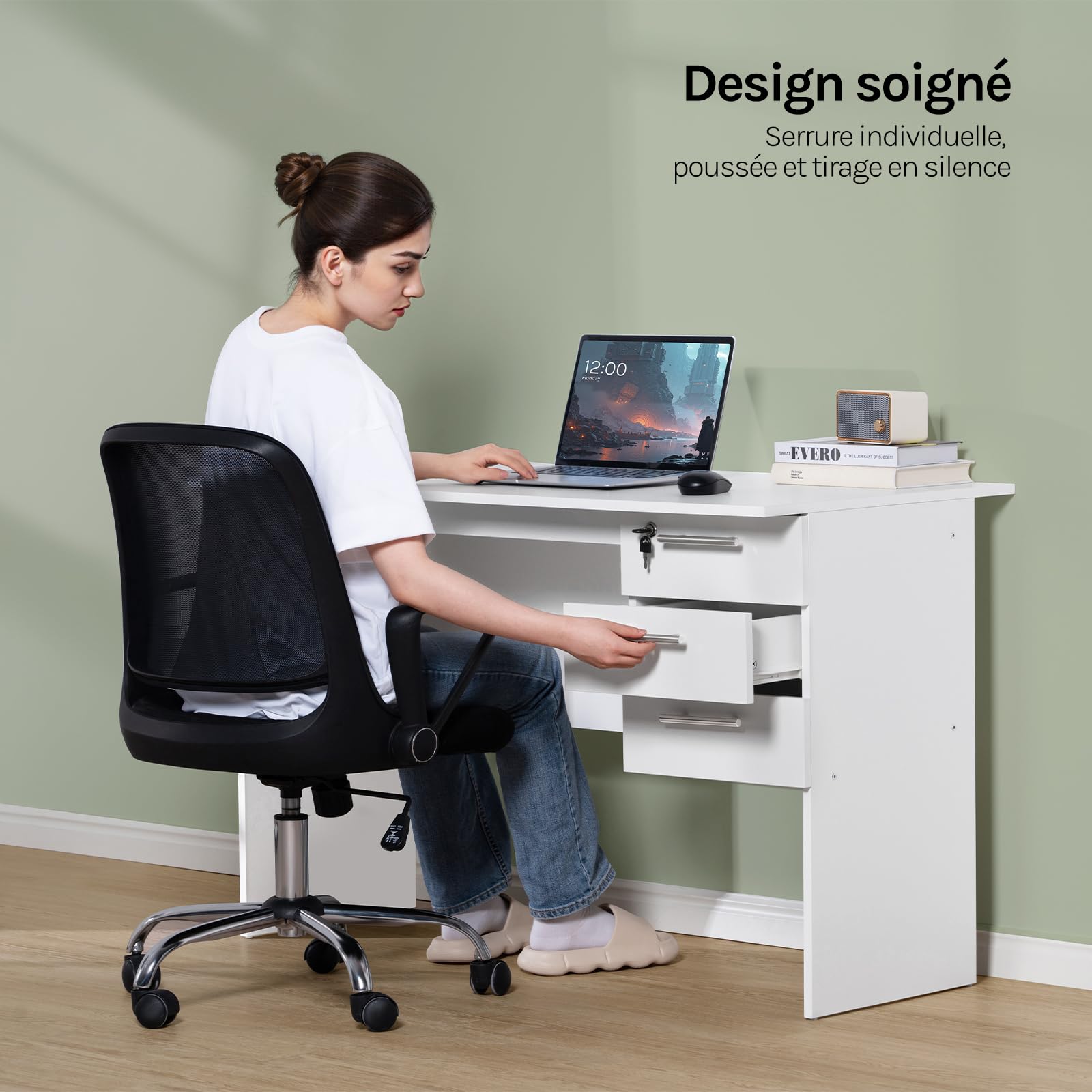 WOLTU Bureau d'Ordinateur avec 3 Tiroirs Blanc, Table de Travail PC, 120x60