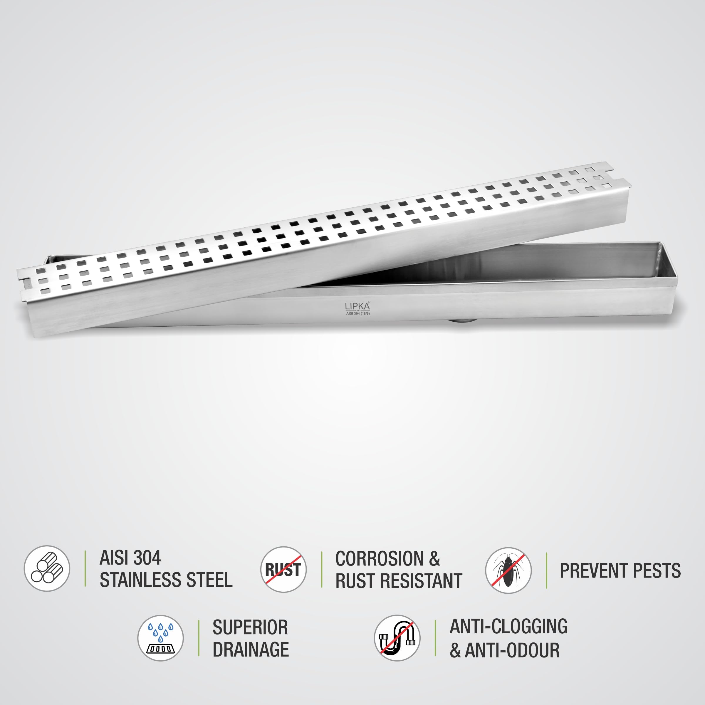 LIPKA Palo Shower Drain Channel | 18 x 2 Inches | 304 Stainless Steel Shower Water Drain Channel | Linear Floor Drains with Side Hole & Jali (Cockroach Trap Not Included) 3