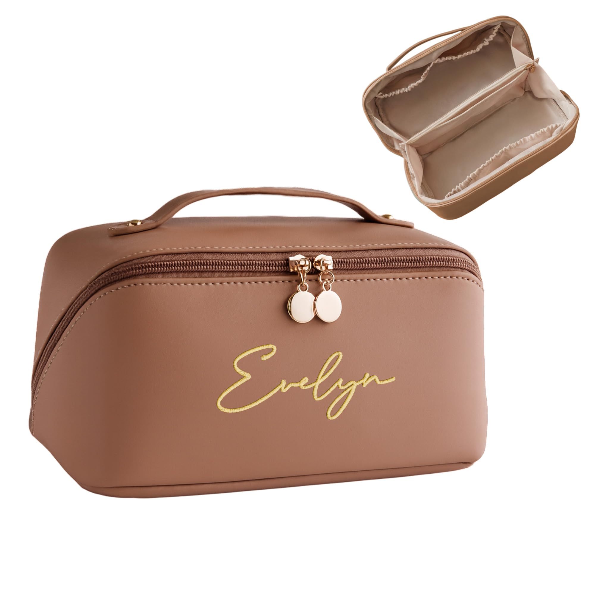 Custom Vibes Personalized Travel Makeup Bag, Large Capacity Cosmetic Bags for Women, PU Leather Water-Resistant Portable Pouch Open Flat Toiletry Bag