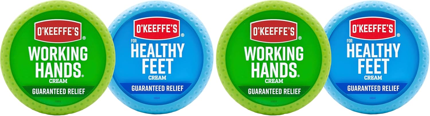 O'Keeffe's Working Hands Hand Cream (3.4 oz Jar) and Healthy Feet Foot Cream (3.2 oz Jar) - Repairing Skincare for Extremely Dry,Cracked Hands and Feet,Travel Size,(Pack of 4)