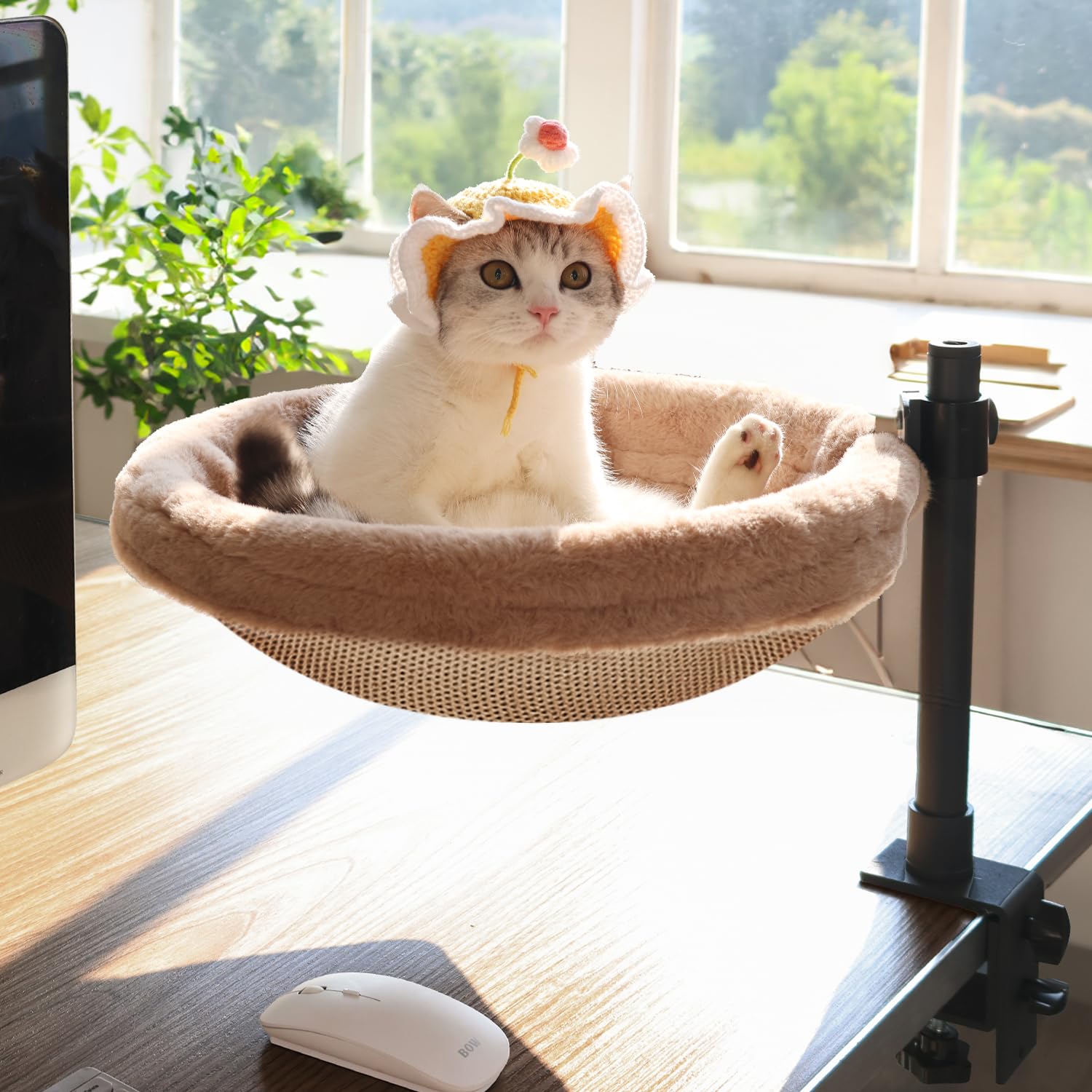 Giisorde Cat Desk Bed, Washable Pet Desk Bed, Indoor and Outdoor Cat Hammock, Maximum Weight Capacity 33 lbs,Comfortable and Soft Cat Pet Bed, 360° Swivel and Height Adjustable Cat Shelf, Grey