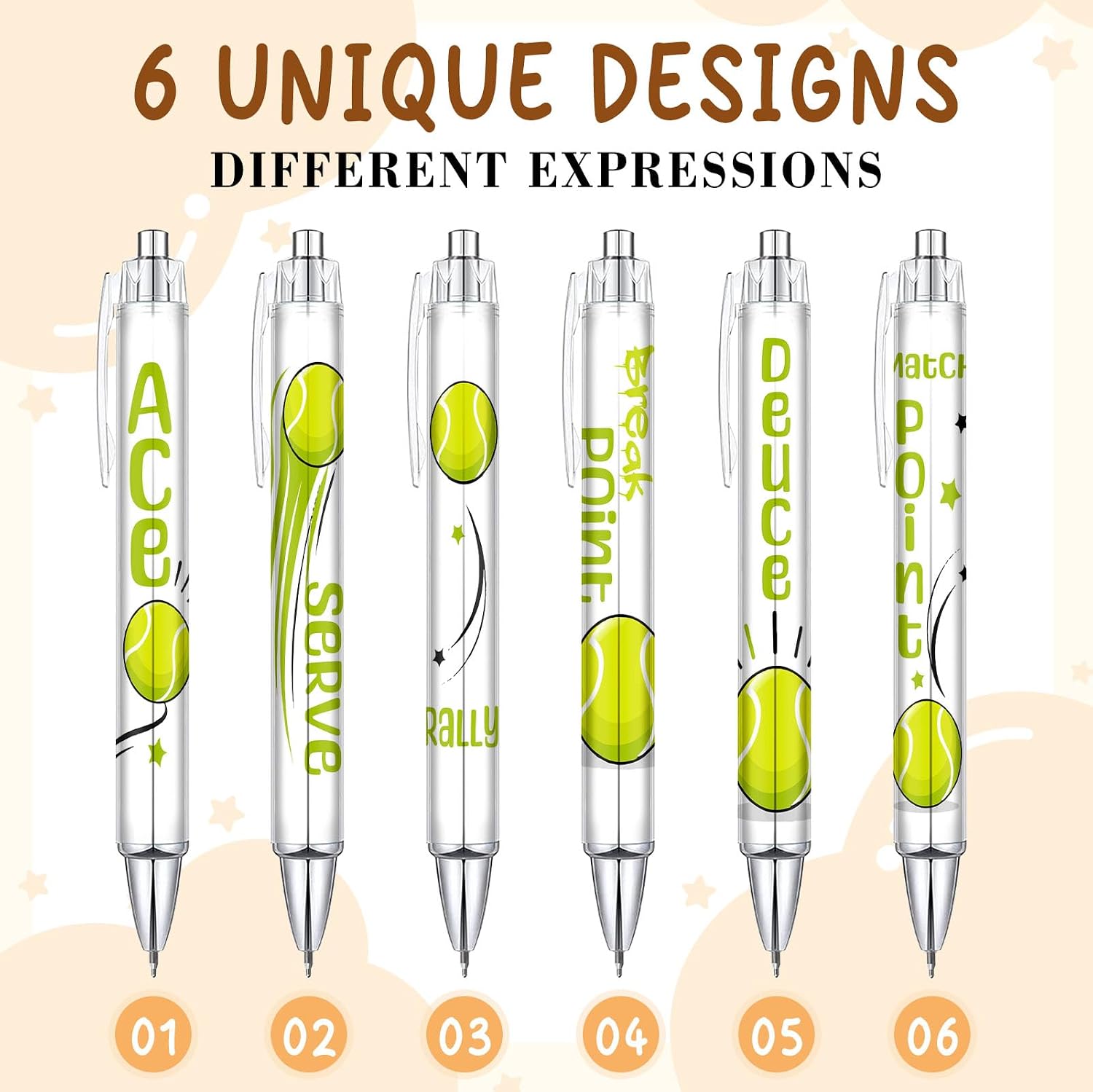 6-Piece Tennis Pens, Funny Ballpoint Pens for Kids Party Favors, Tennis Birthday Gifts, Teens School Supplies, Teacher Gifts, Goodie Bag Stuffers, Tennis Party Favors, Smooth Ink Flow. image 4