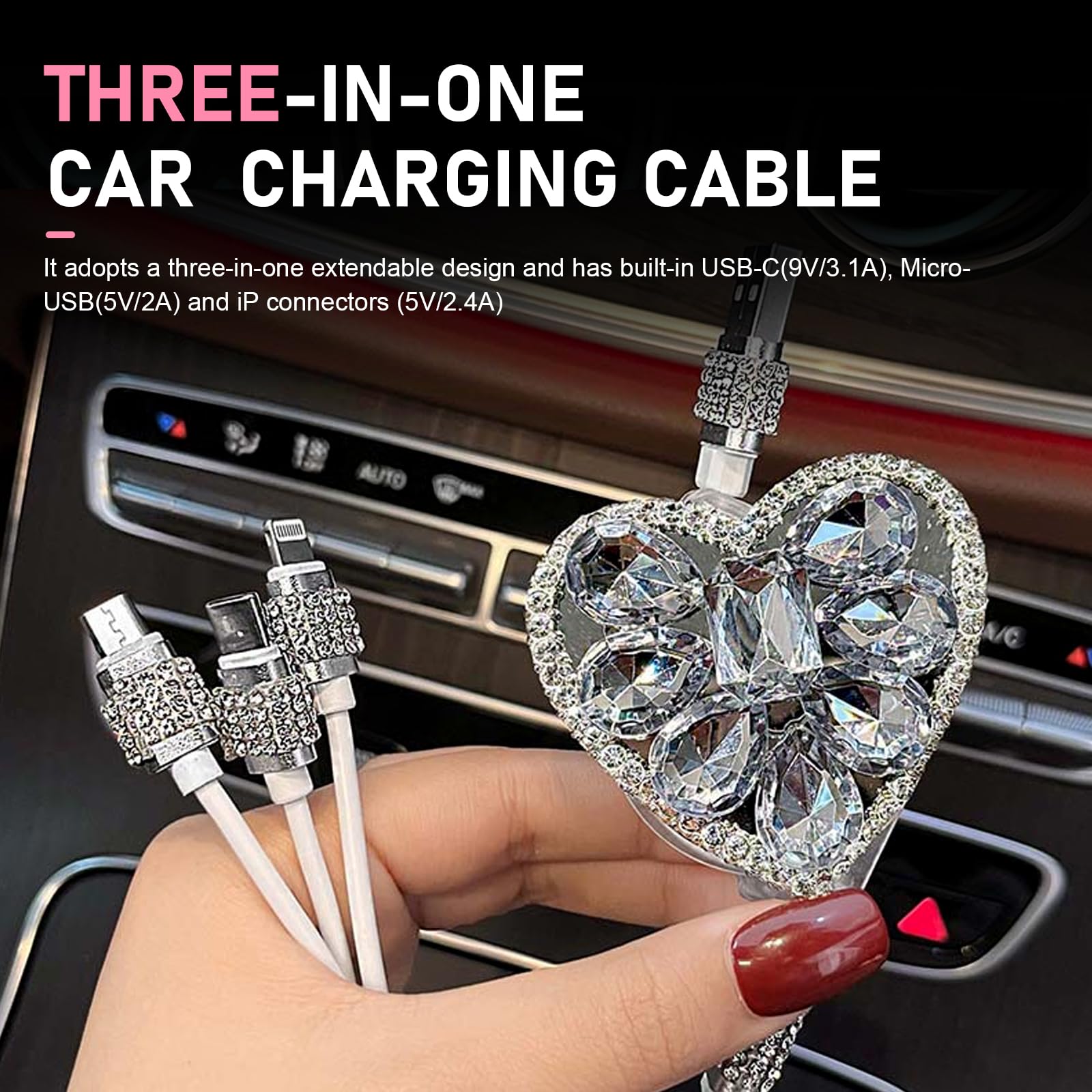 Multi Ladekabel, 3 in 1 Bling Strass Einziehbares Auto Ladekabel mit Typ-C/Lightning/Micro USB Steckern, Universal Sparkly Auto Innenraum Zubehör (Weiß)