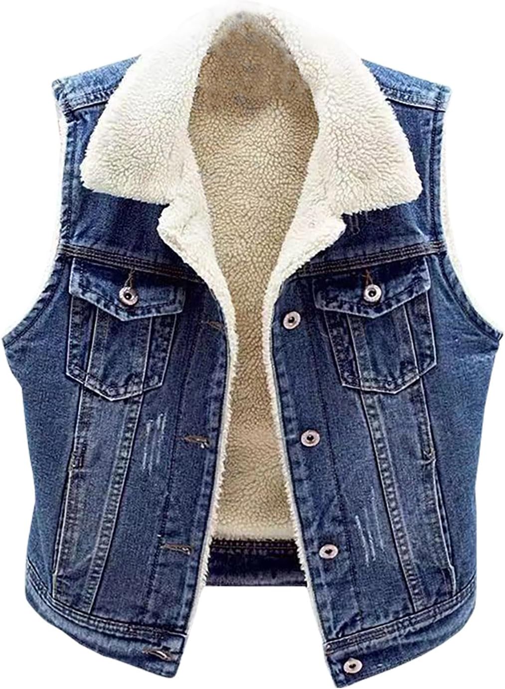 HGps8w Women's Sherpa Fleece Lined Denim Vest Button Down Sleeveless Warm Gilet Jean Jacket Waistcoat Outwear with Pockets