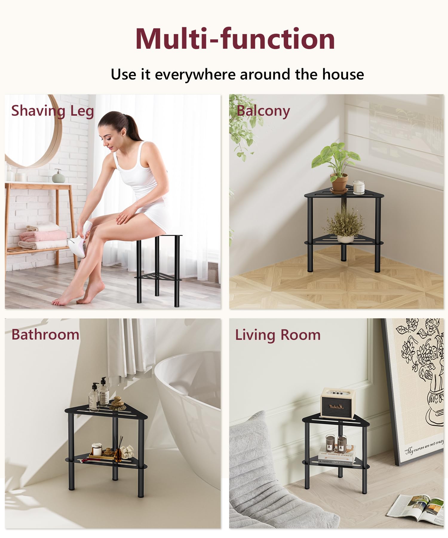 Taburete de ducha esquinero de metal, resistente al agua e inoxidable, banco de ducha de doble capa para colocar las piernas, taburete de baño, escalón de spa, taburete pequeño (luz negra)