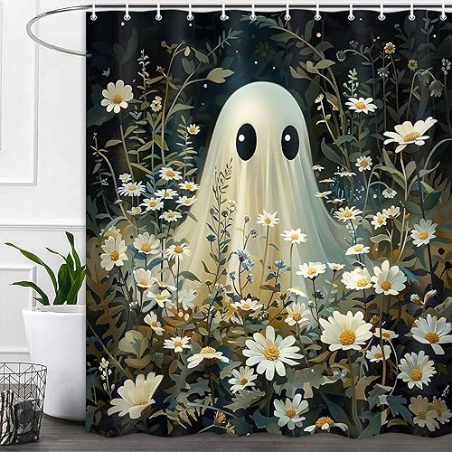 Miniatura 2 de Cortina de ducha de Halloween, cortina de baño espeluznante, fantasma, linda y divertida, juego de decoración de baño con ganchos, 72 x 72 pulgadas