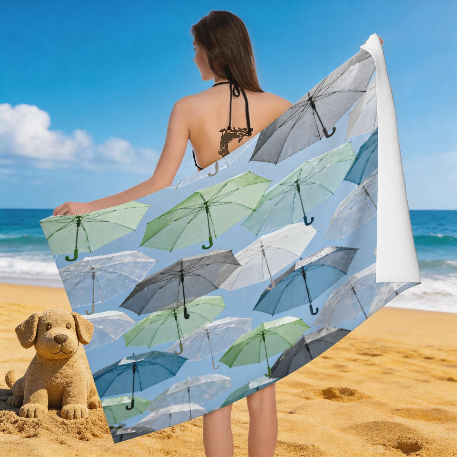 Leichong 3D Umbrella Beach Towel Microfiber Soft Quick Dry for Adults, Romantic Bath Towel Lightweight Soft Absorbent for Travel Swimming Pool Sports, 75 x 150 cm