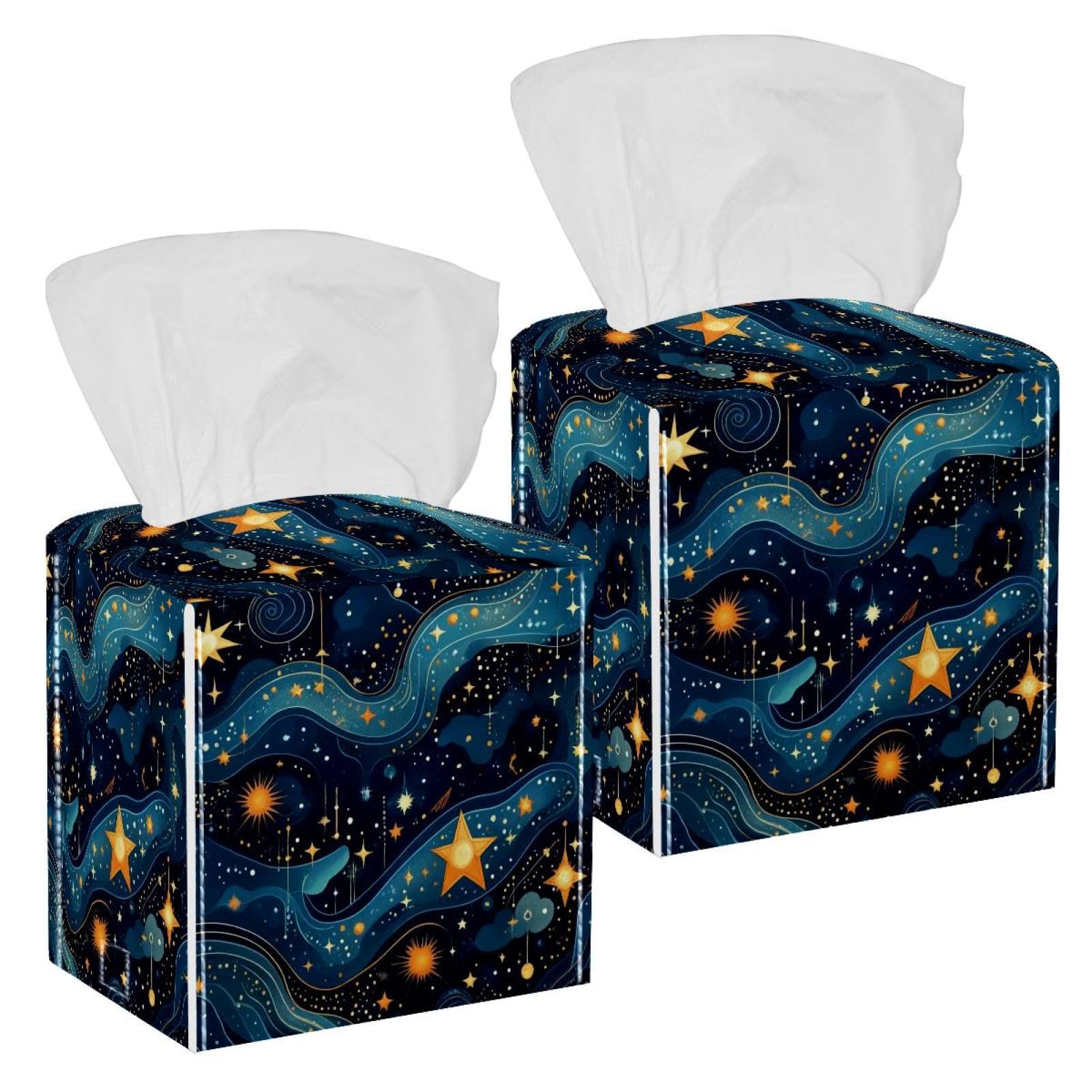Blue Galaxy Constellation Tissue Box Cover, 2 Pack PU Leather Square Facial Tissue Dispenser Box holder for Home Office Car