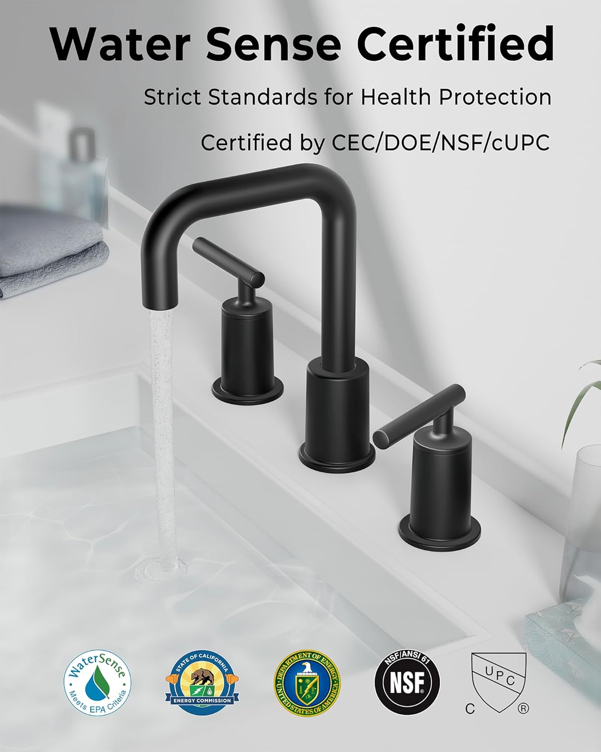 VXV Black Bathroom Faucet 3 Hole, 8 Inch Widespread Bathroom Sink Faucet with Pop-up Drain and Supply Line, 2 Handle Brushed Gold Sink Faucet Bathroom 360 Rotating