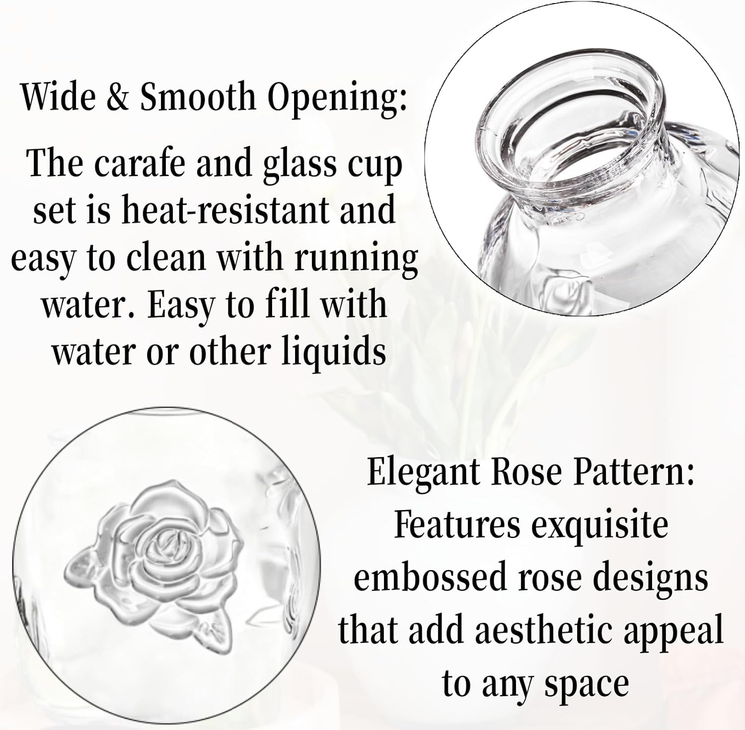 Goaste 2 Sets Bedside Water Carafe with Tumbler, 16oz Vintage Nightstand Glass Pitcher with 5oz Cups, Clear Mouthwash Decanter with Embossed Rose Design for Bathroom, Bedroom, Bar, Kitchen - Image 4