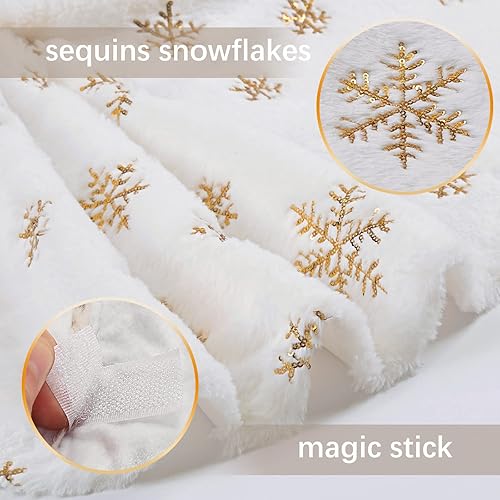 Miniatura 4 de Falda de árbol de Navidad de 36 pulgadas, faldas blancas de piel sintética con copos de nieve de lentejuelas doradas, falda de árbol de felpa suave