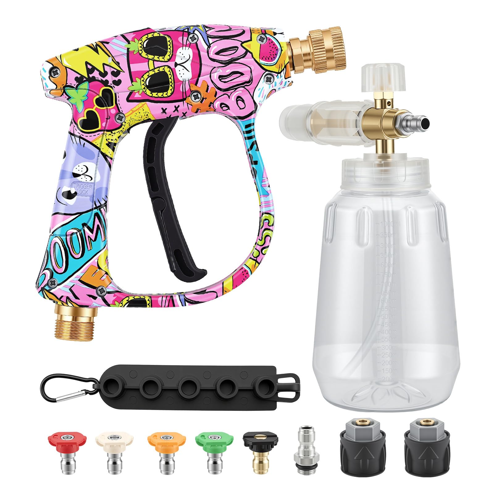 High Pressure Washer Gun with Foam Cannon, 5 Spray Nozzles, Short Jet Wash Gun 5200PSI Colorful Power Cleaner Gun Kit with M22 14MM Fitting Hose Connector & 1/4'' Quick Release Connector for Karcher