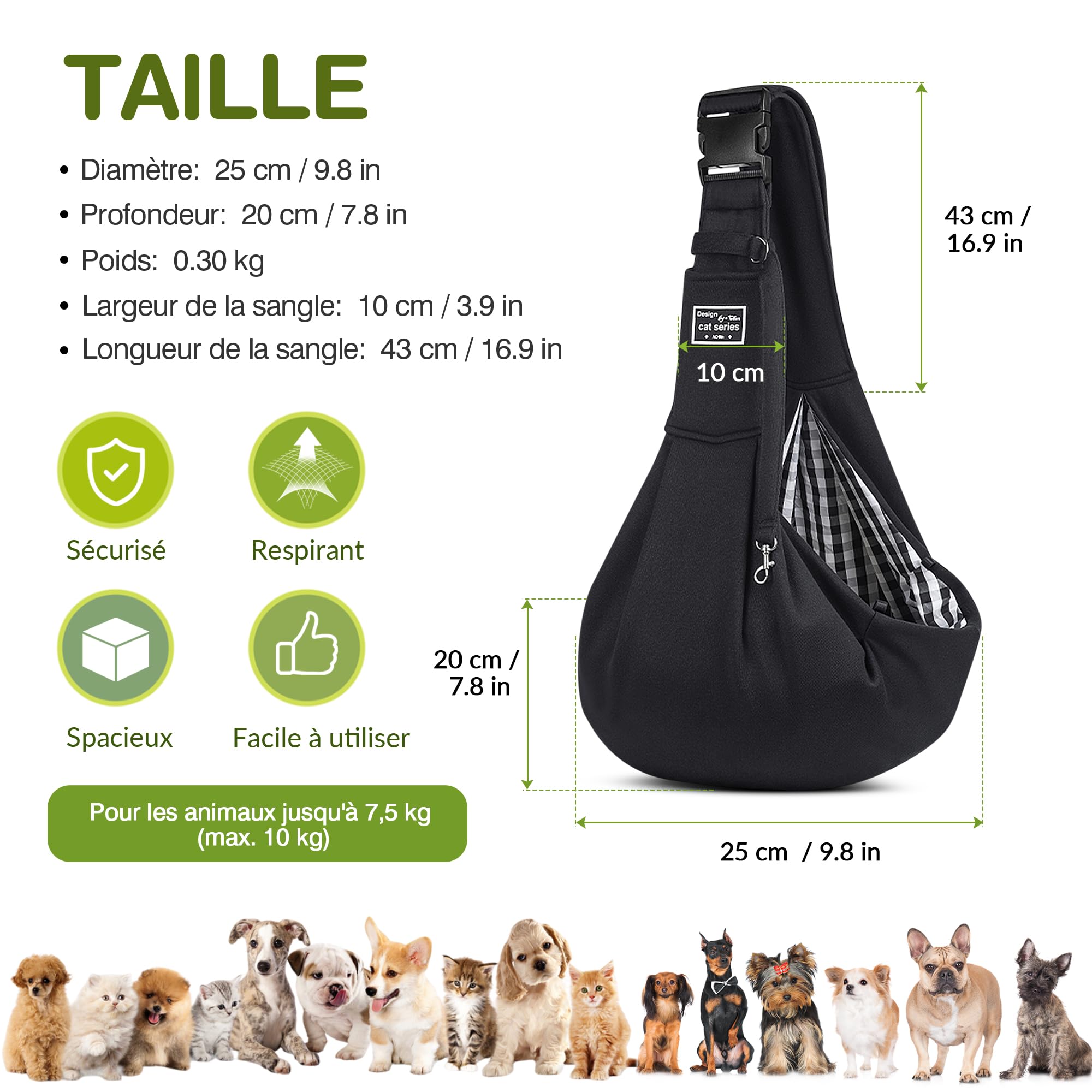 ALLSOPETS Sac de Transport pour Chien et Chat Réglable Sac à Bandoulière Mains Libres pour Petit Animal de Compagnie Sacs pour Animaux de Compagnie pour Chat Petit Chien (Noir Charbon)