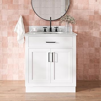 DKB Isabella 30-Inch White Bathroom Vanity with Sink, Carrara Marble Countertop & Backsplash, Solid Wood Frame, Oval Single Sink, 2 Soft Closing Doors, Tip-Out Drawer