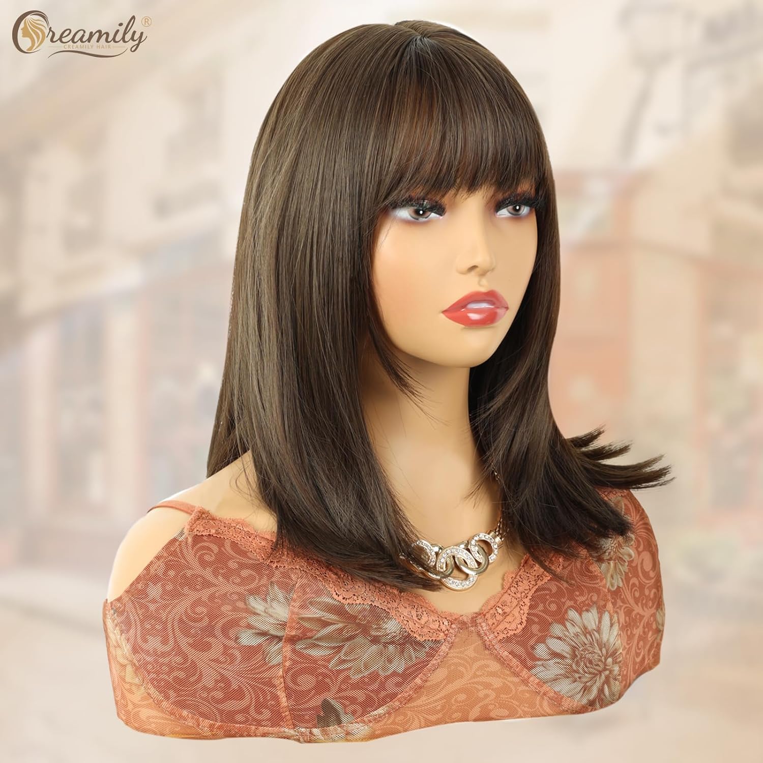 Creamily Brown Bob Wigs with Bangs for Women Short Shoulder Length Brown Wig with Fringe Natural Straight Syntheitc Hair Heat Resistant Wig Cosplay Party Daily Use 16 Inches - Image 3