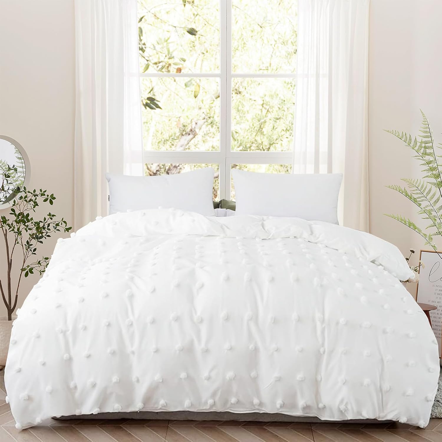 Tufted Duvet Cover Queen Size (90x90 inch),3 Pieces - 1 Jacquard Comforter Cover with 2 Pillowcase，Chenille Dots All Season Soft Washed Microfiber Bedding Set with Zipper Closure,White