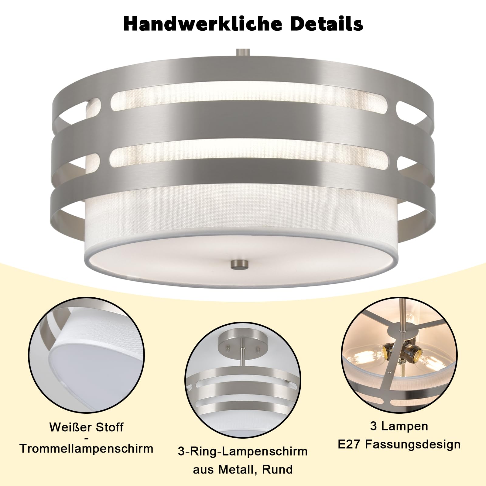 Silber Deckenlampe Wohnzimmer, Silber Deckenlampen mit Stoffschirm, E27 Deckenleuchte, Ø 32CM Moderne Deckenlampe Kronleuchter für Küche, Flur, Schlafzimmer, Esszimmer