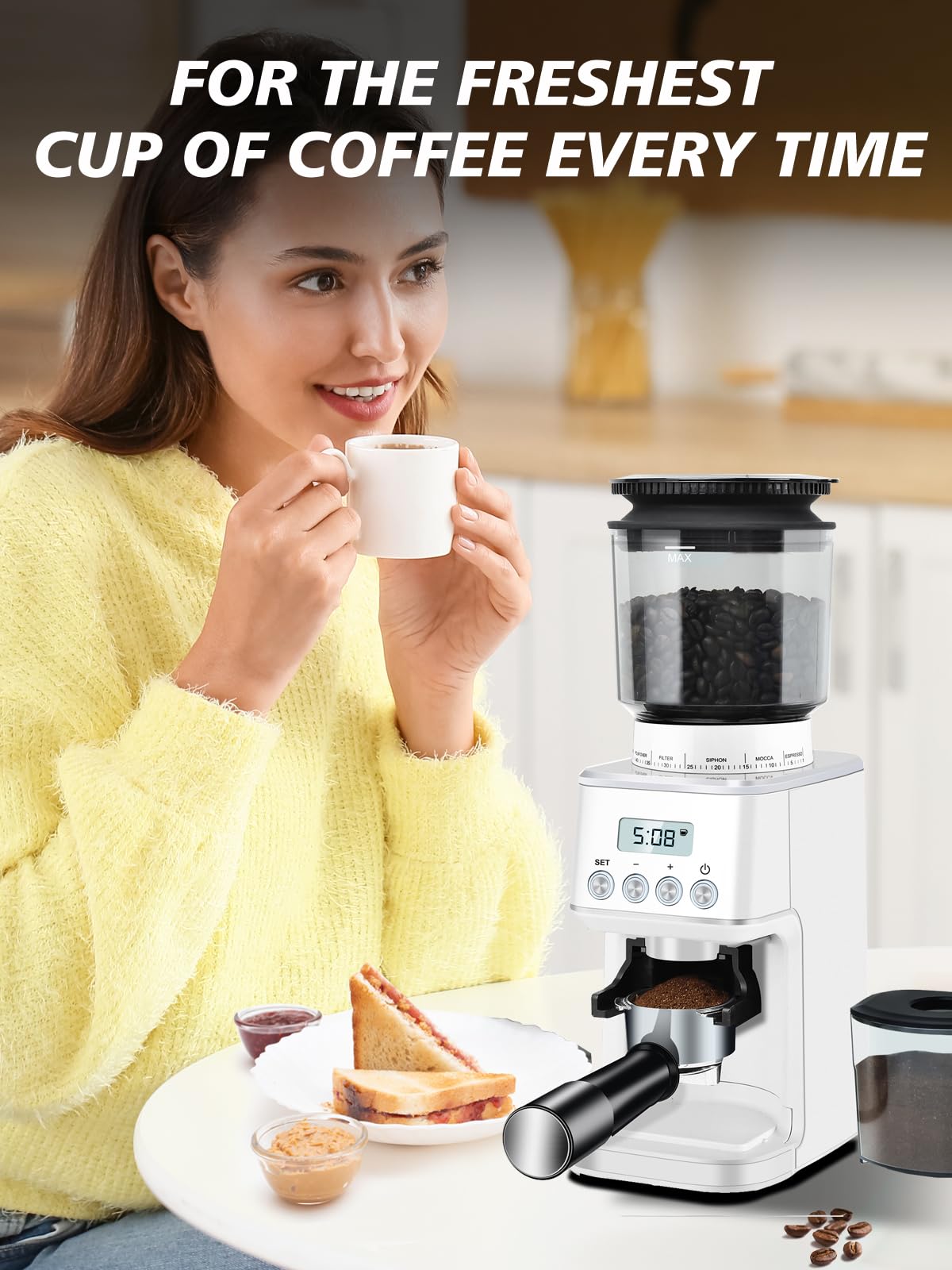 Homtone Broyeur à Café Electrique Conique en Acier Inoxydable, Broyeur de Café à 51 Niveaux Réglables, Broyeur à Café Expresso, Broyeur à Café Automatique Pour Filtre, Noir/Acier Inoxydable