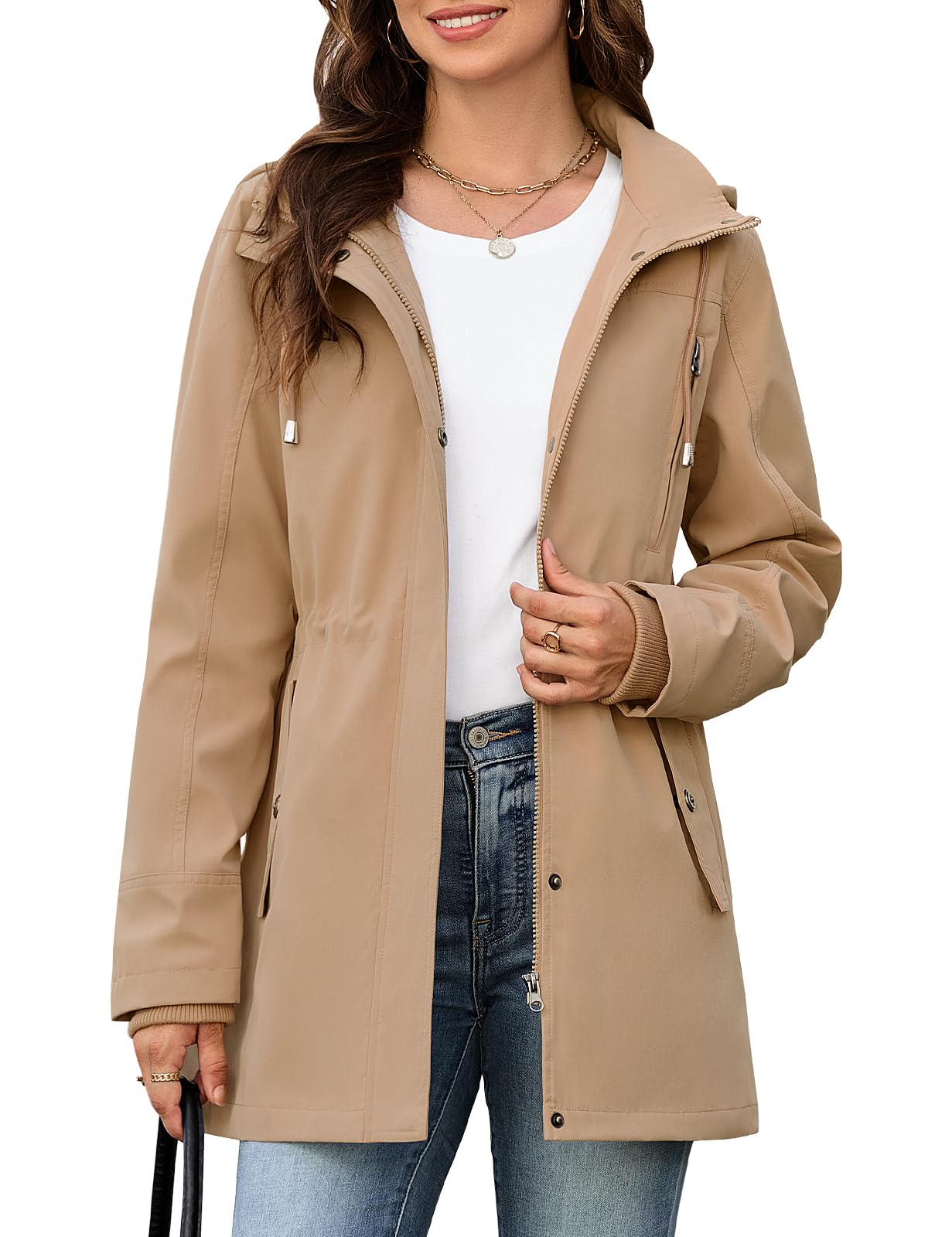 CMTOP Jacke Damen Leichte Atmungsaktiv Jacken Casual Übergangsjacke Wasserabweisend Winddicht Parka Jacket Zip Up Blouson Mantel mit Abzippbarer Kapuze für Frühling Sommer Herbst