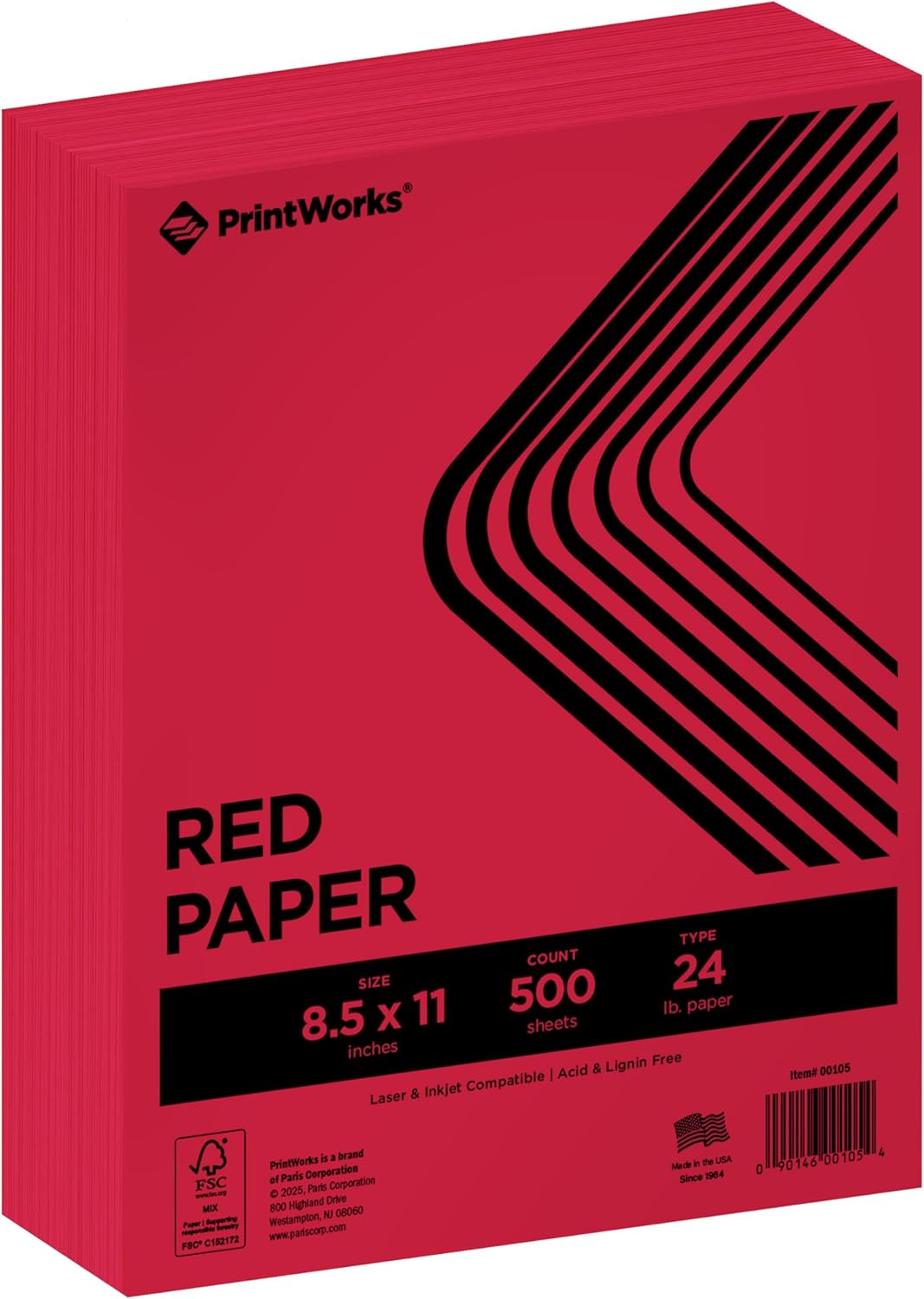 PrintWorks Premium Bright Red Colored Paper 8.5" x 11" - 24 lb/89 gsm - 500 Sheets - Made in the USA - FSC® Certified - Acid-Free & Fade-Resistant - Printer Compatible (00105)
