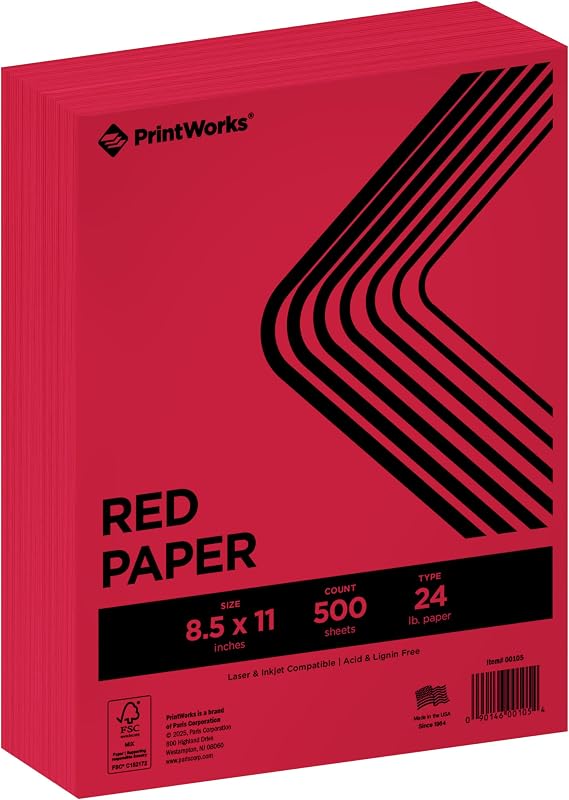PrintWorks Premium Bright Red Colored Paper 8.5" x 11" - 24 lb/89 gsm - 500 Sheets - Made in the USA - FSC® Certified - Acid-Free & Fade-Resistant - Printer Compatible (00105)