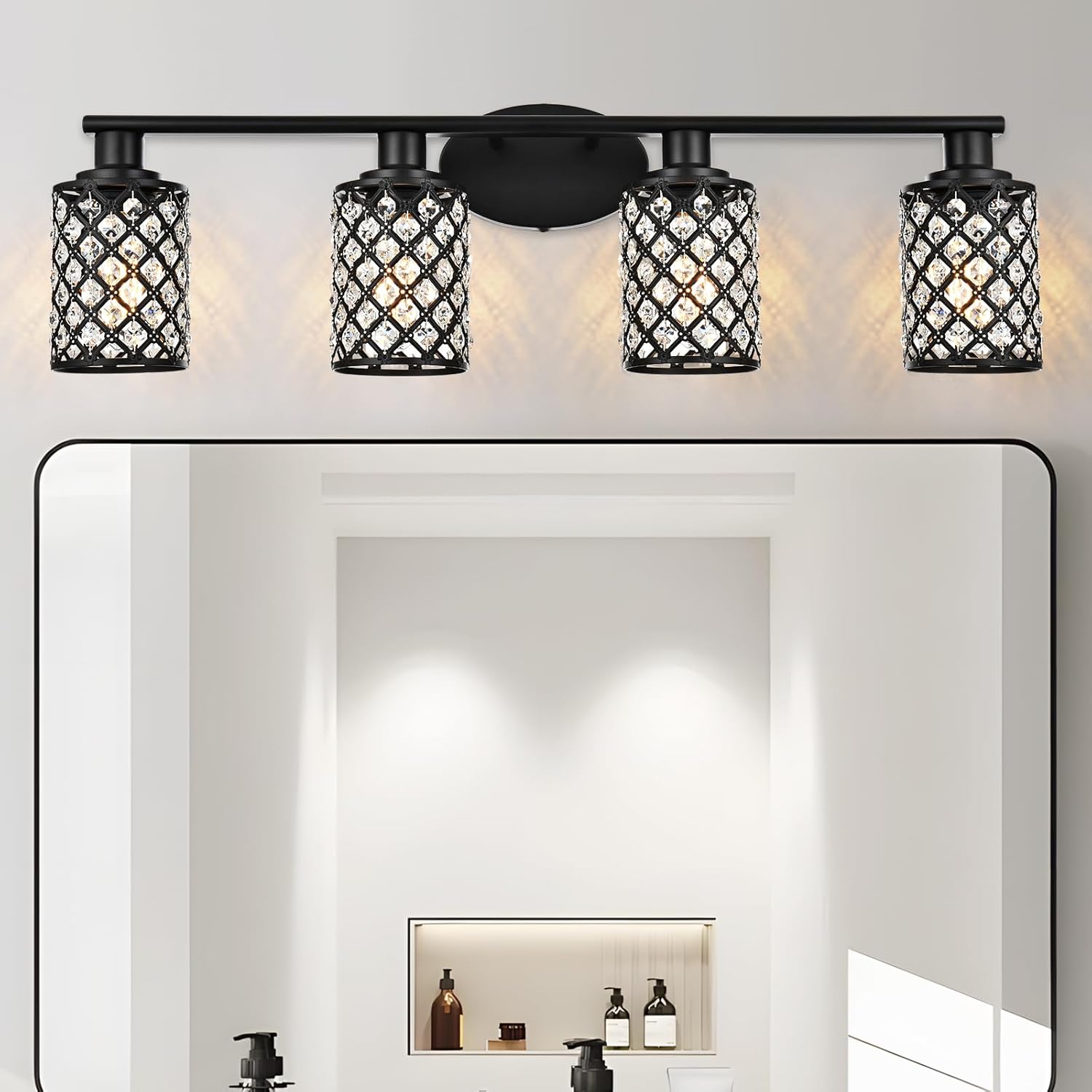 4 Light Black Bathroom Light Fixtures, Modern Farmhouse Vanity Light, Bathroom Lights Over Mirror,Crystal Vanity Lighting Fixtures for Powder Room