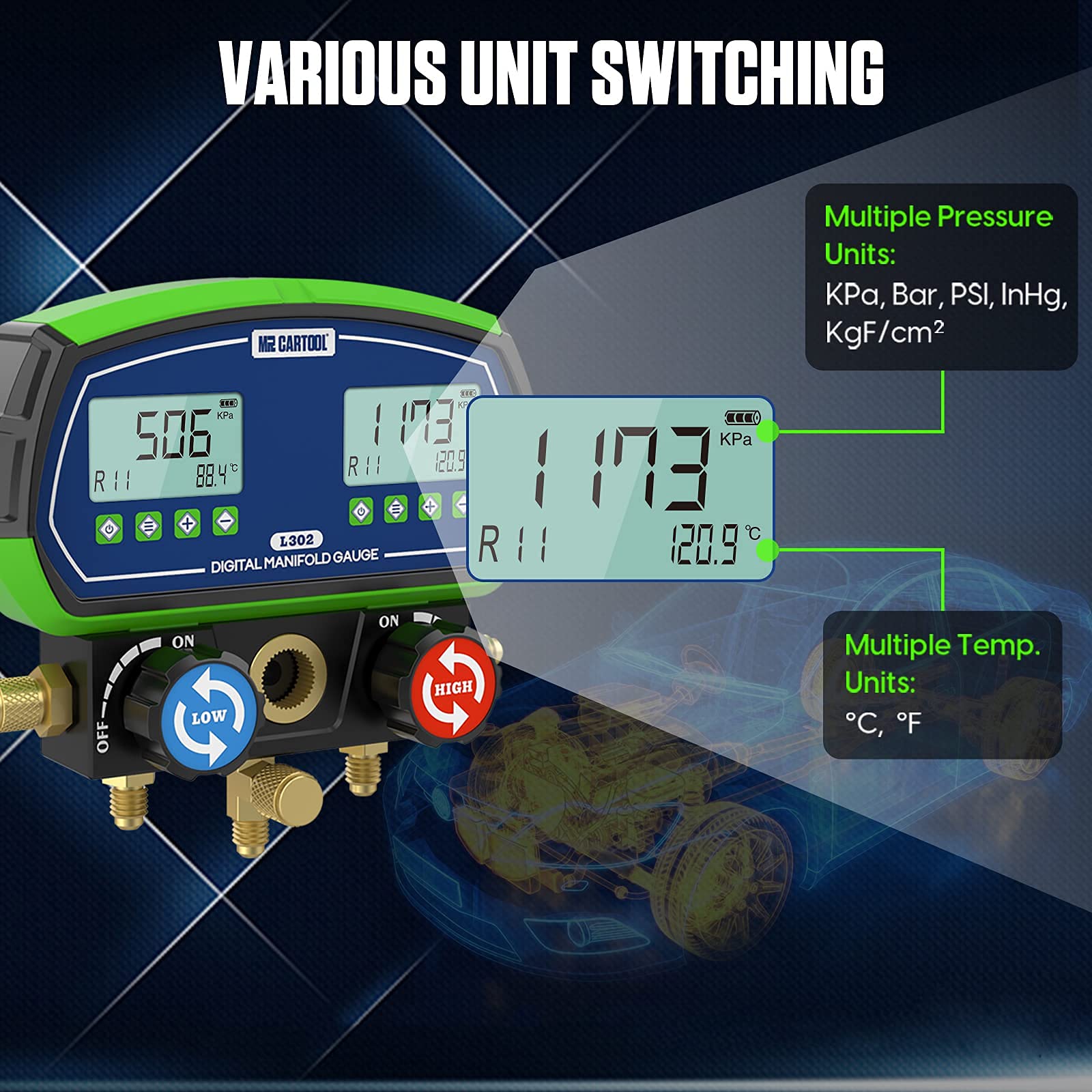 MR CARTOOL L302 Digital Manifold Gauge Set 2-Valve Refrigerant HVAC Systems Leakage Pressure Tester Tool with 3 Hoses for Air Conditioning Refrigeration Recharging