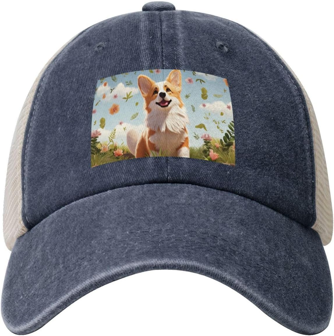 Snapback Trucker Hats Lovely Corgi Cowboy Baseball Caps Adjustable Blank Mesh Ball Caps for Men Women Navy Blue
