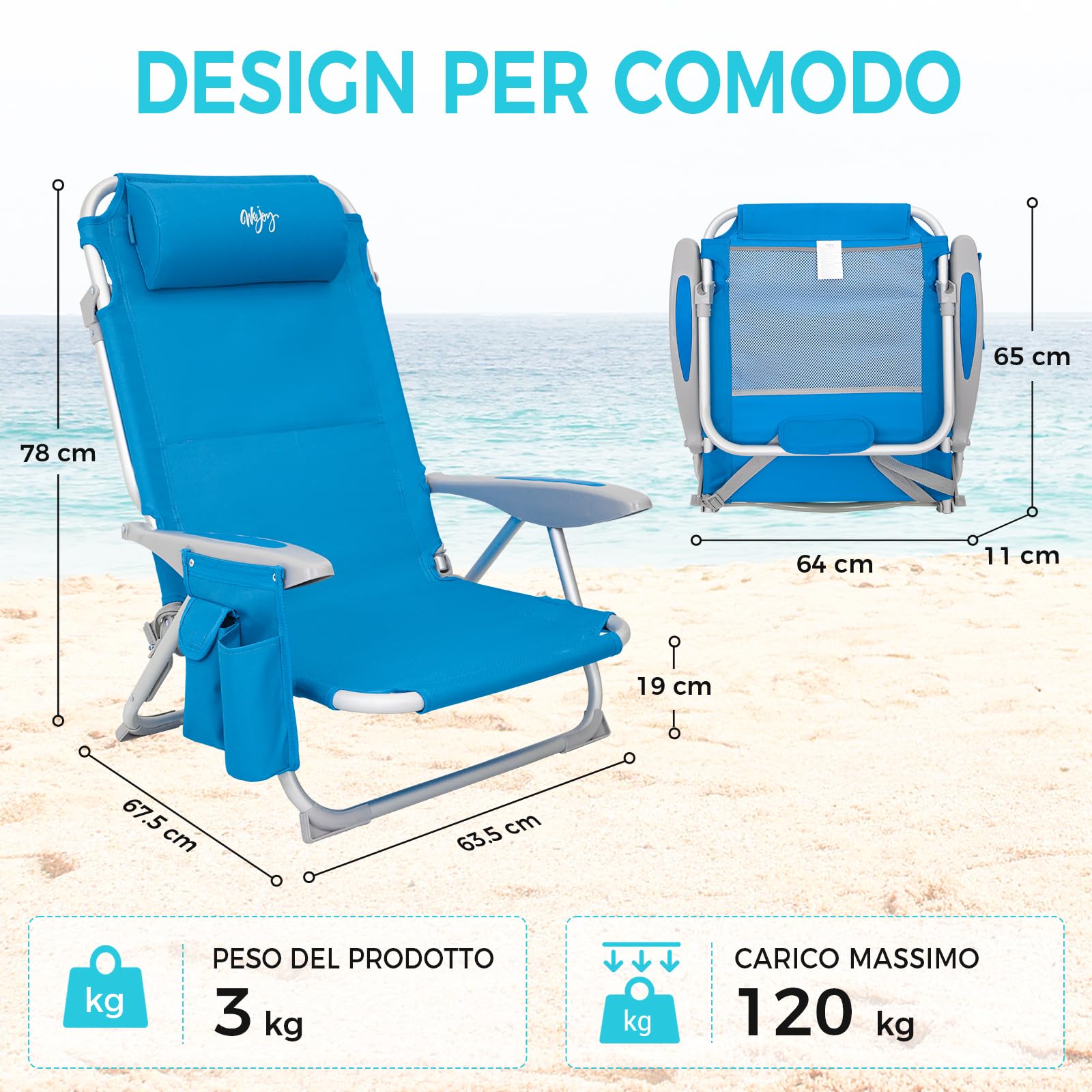 #WEJOY Sedia da Spiaggia Campeggio Pieghevole, Spiaggina Portatile con Tracolla, 4 Livelli Schienale Reclinabile Regolabile Sdraio con Basso Seduta, in Alluminio per Spiaggia Mare Campeggio