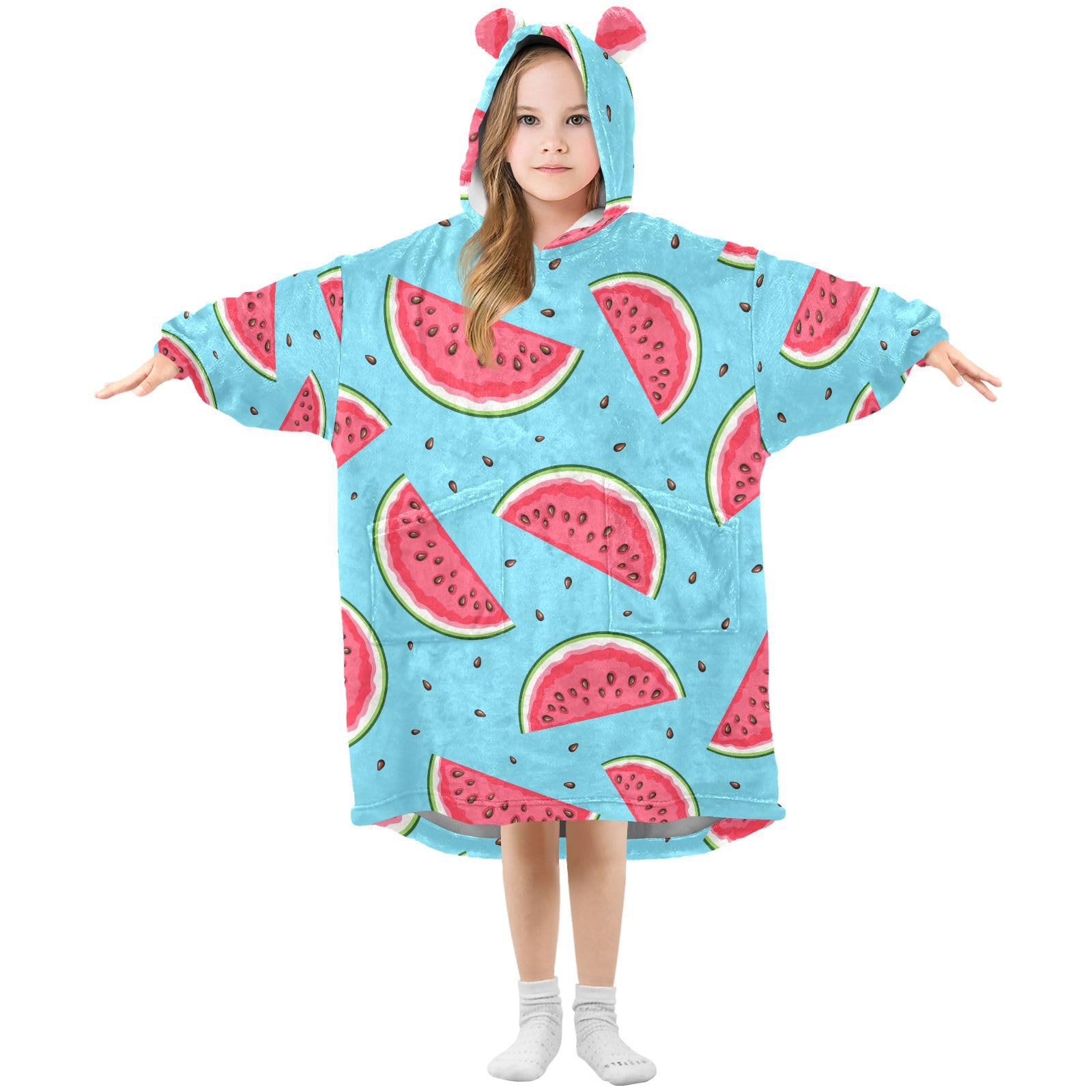 Sletend Watermelon Wearable Blanket Hoodie for Kids Warm Flannel Oversized Hoodie Blanket Sweatshirt for Girls Boy 3-14YR,Medium