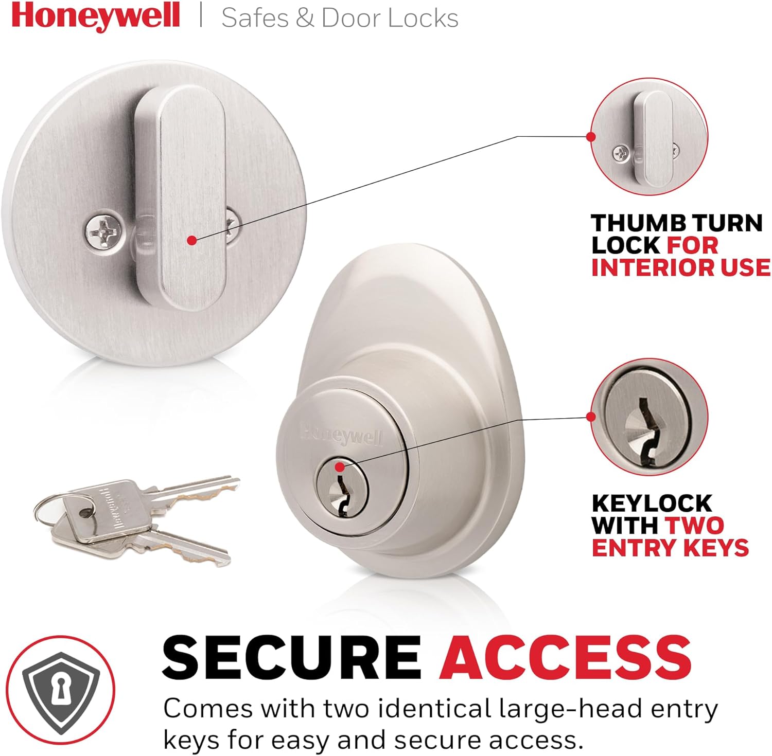 Honeywell Safes & Door Locks Satin Nickel Front Entry Handleset with Single Cylinder Deadbolt – Stylish and Secure Door Lock with Curved Lever for Interiror and Exterior Doors - 8108646