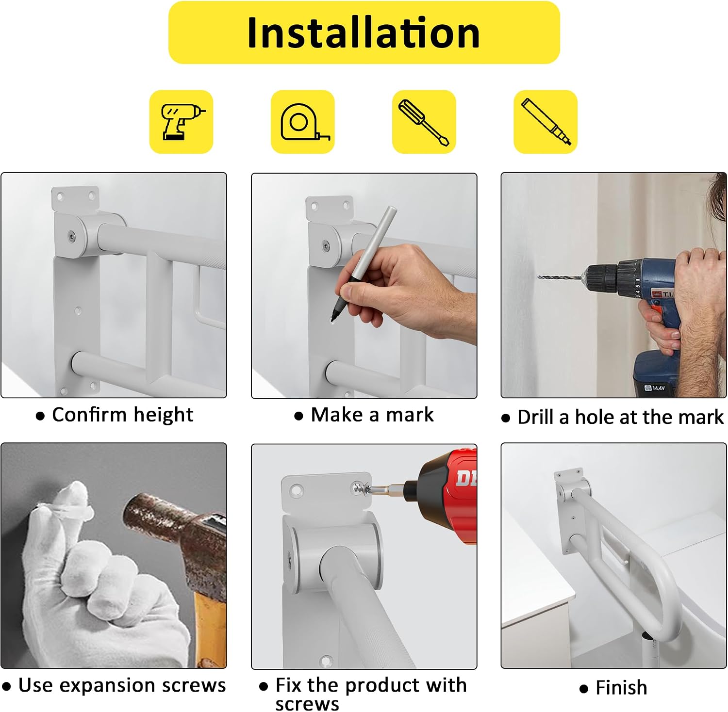 Handicap Grab Bar,23.6 Inch Stainless Steel 1.25" Diameter Toilet Safety Rails for Bathroom with Paper Holder, White Anti-Slip Flip-Up Support Rail for Seniors Elderly