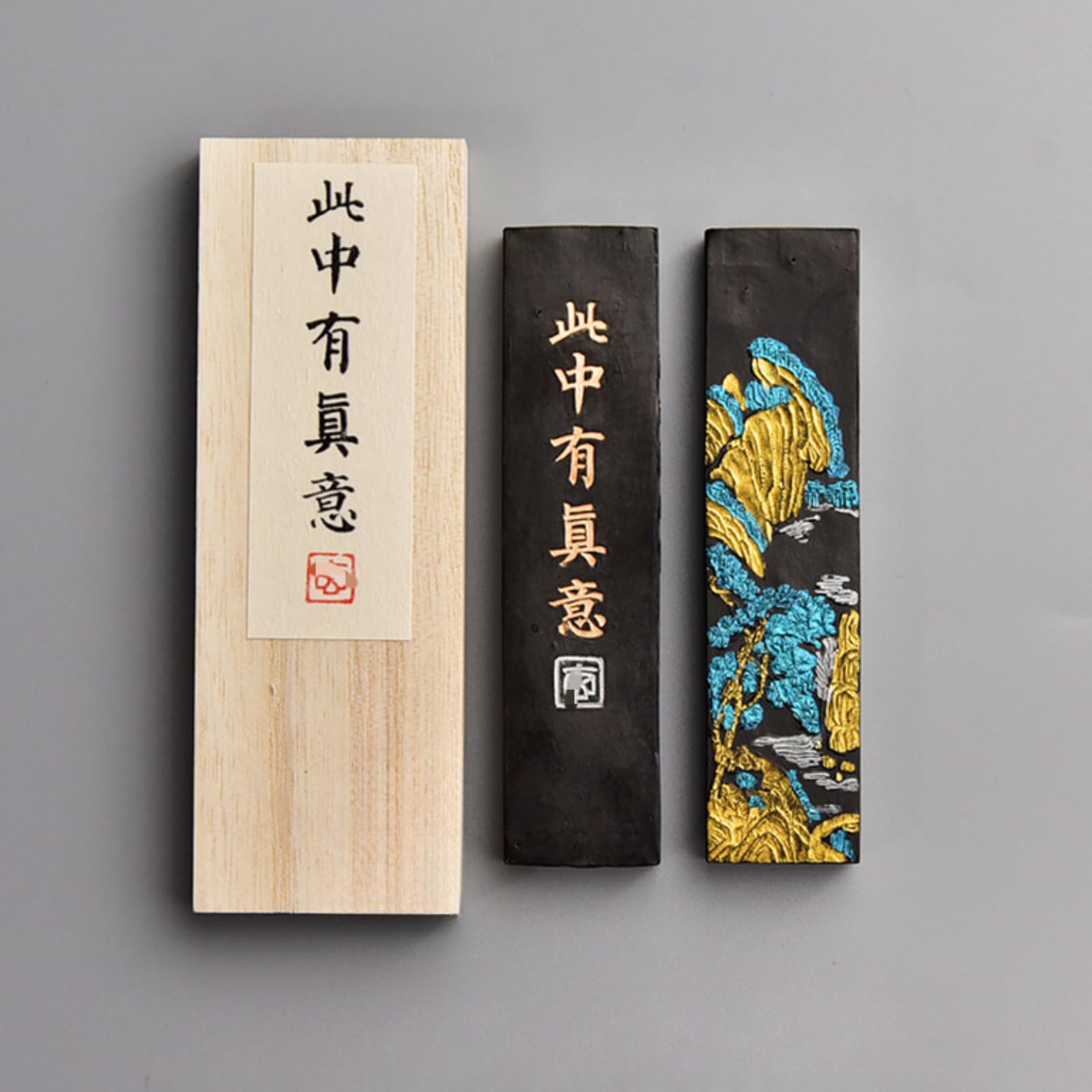 Avec boîte cadeau - Bâton d'encre fumée à l'huile - 9,4 cm - Fait à la main - Style chinois - Fournitures de calligraphie