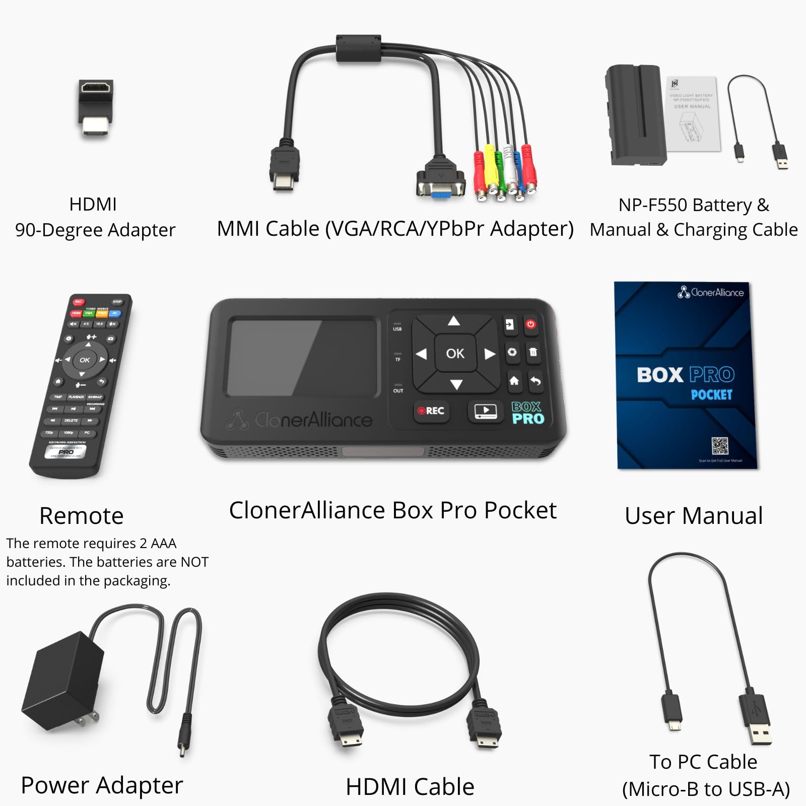 ClonerAlliance Box Pro Pocket Enregistreur vidéo portable 1080p60fps convertisseur écran intégré batterie HDMI RCA YPbPr VGA