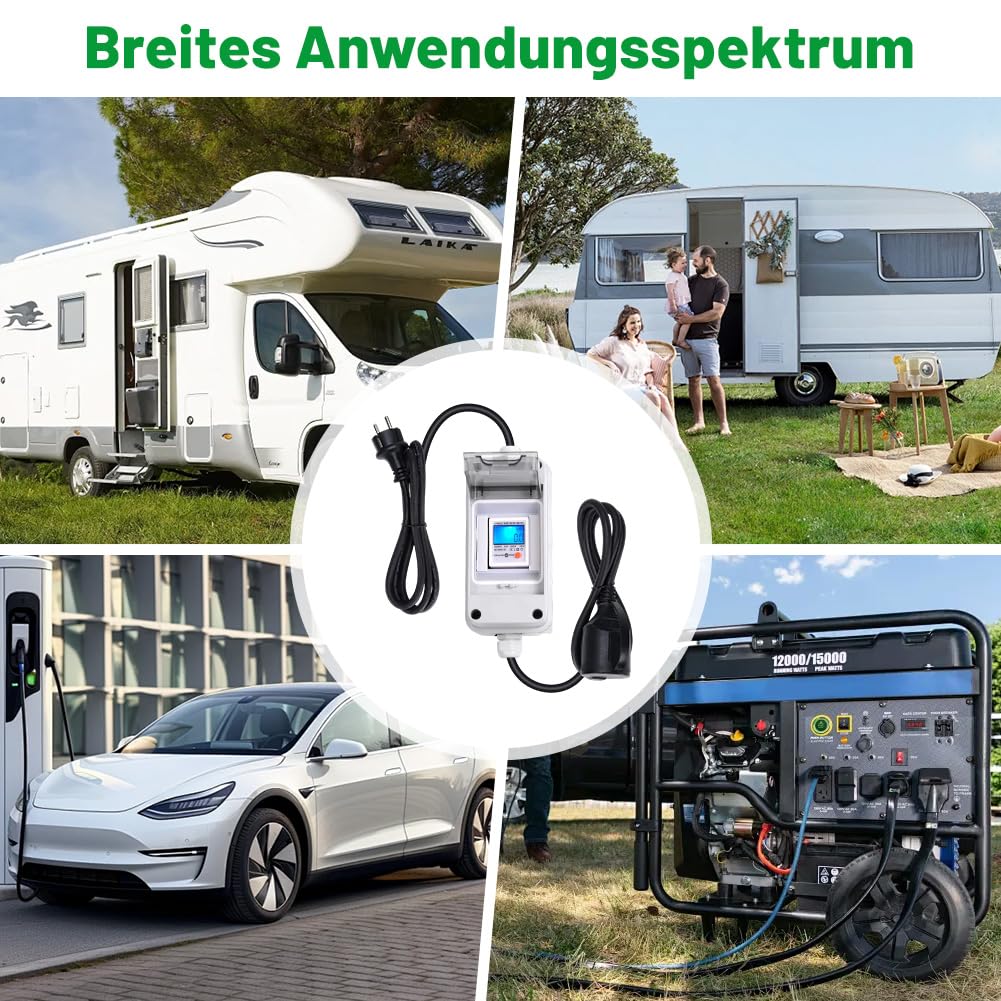 Mobilny cyfrowy licznik prądu 230 V do gniazdka, miernika prądu z resetem, wodoszczelna obudowa, IP65, gumowy przewód wężowy, przenośny do samochodów kempingowych, pojazdów elektrycznych